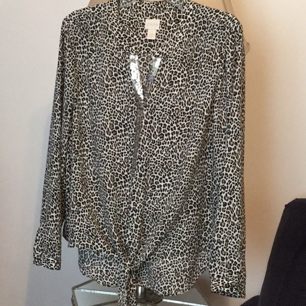 CHICOS LEOPARD PRINT TIE FRONT BLOUSE, SEQUIN TRIM